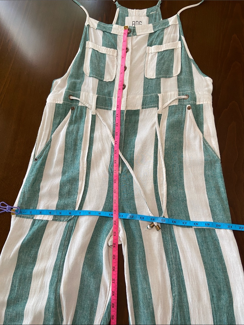 BDG Teal and Cream Striped Button-Front Jumpsuit (dungarees) with skinny straps - Picture 11 of 16